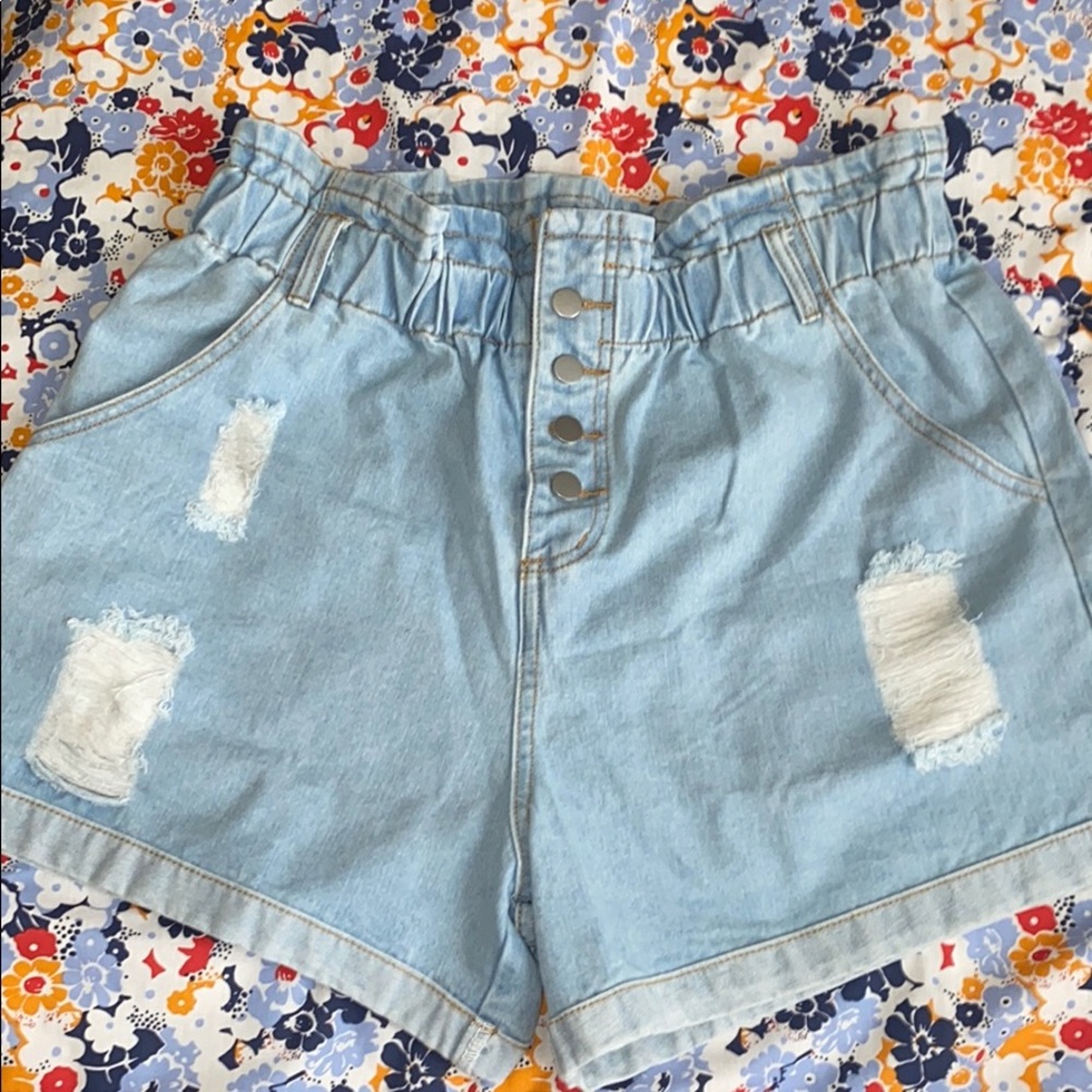 Paperbag Waist Ripped Denim Shorts - Picture 1 of 3